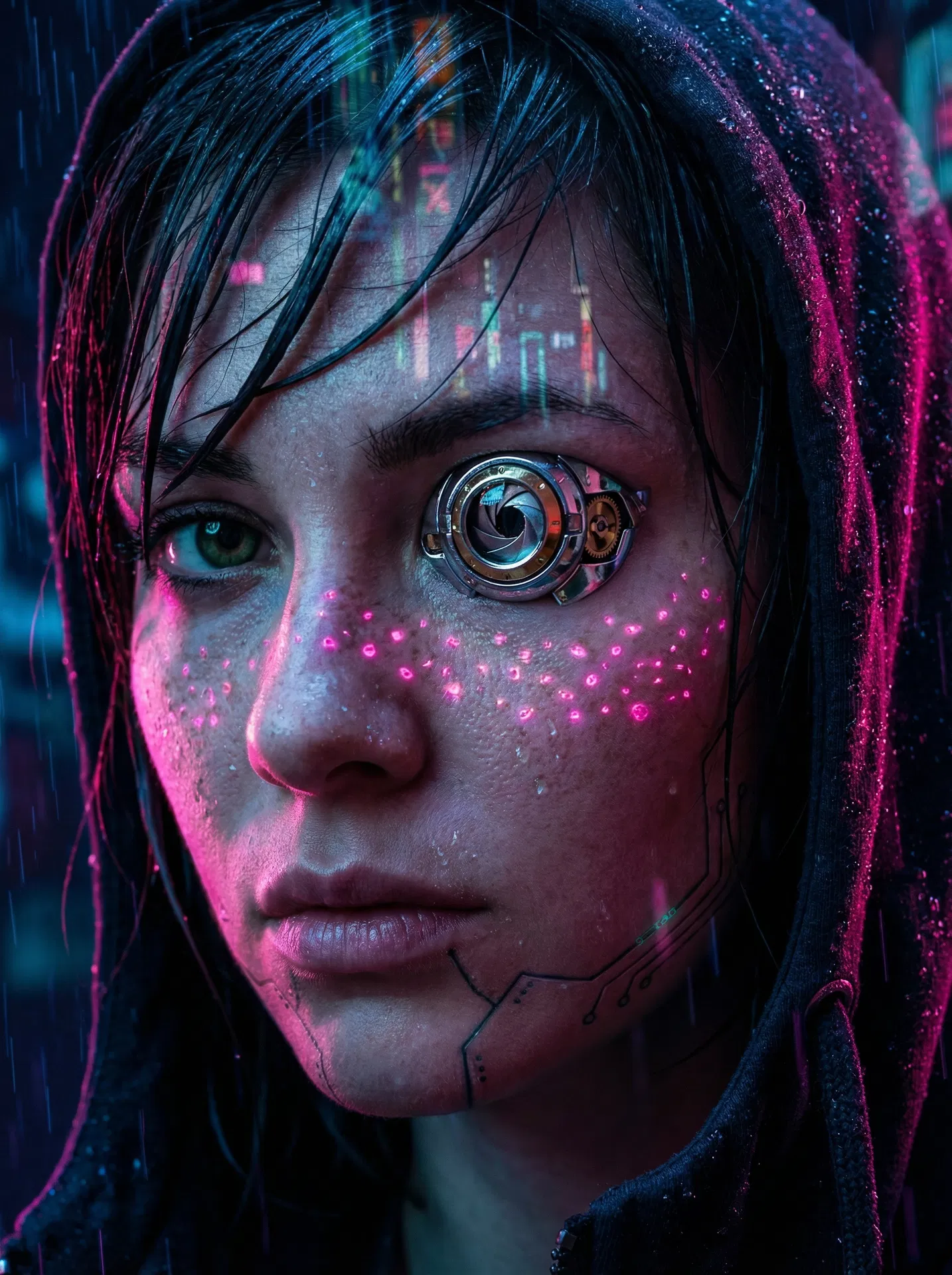 Cyberpunk portrait with mechanical eye implant and neon pink holographic freckles — generated by NeonPrompt