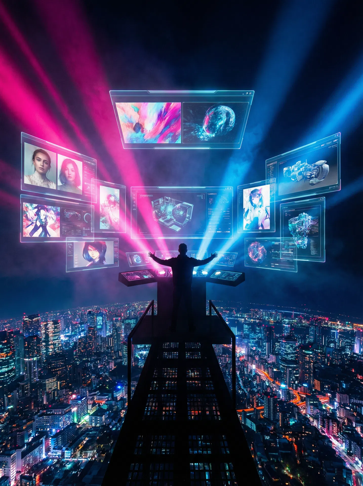 Futuristic holographic control room with AI-generated artwork floating above neon cityscape — generated by NeonPrompt