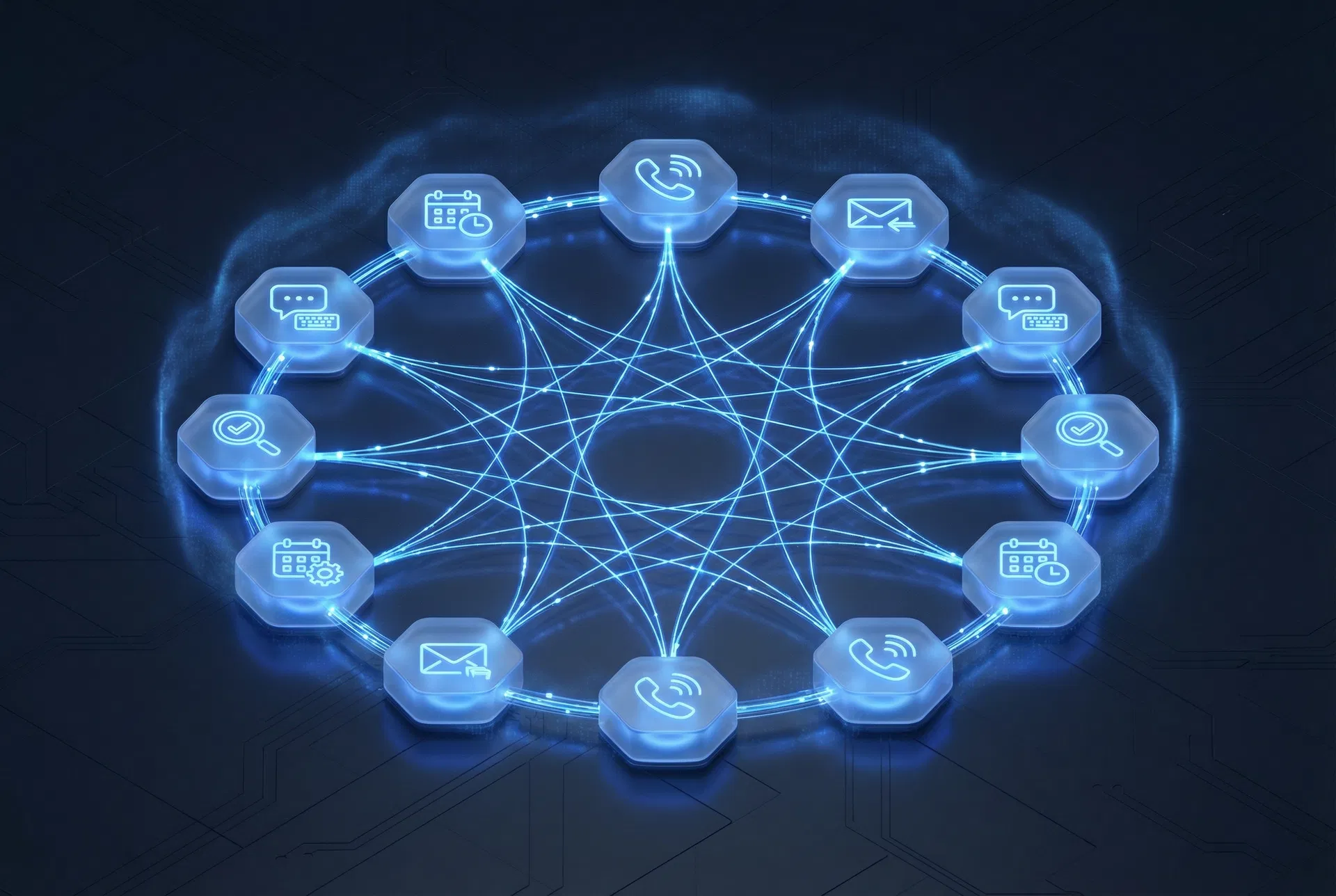 AI swarm network diagram showing interconnected AI agents for phone, email, text, qualification, and scheduling
