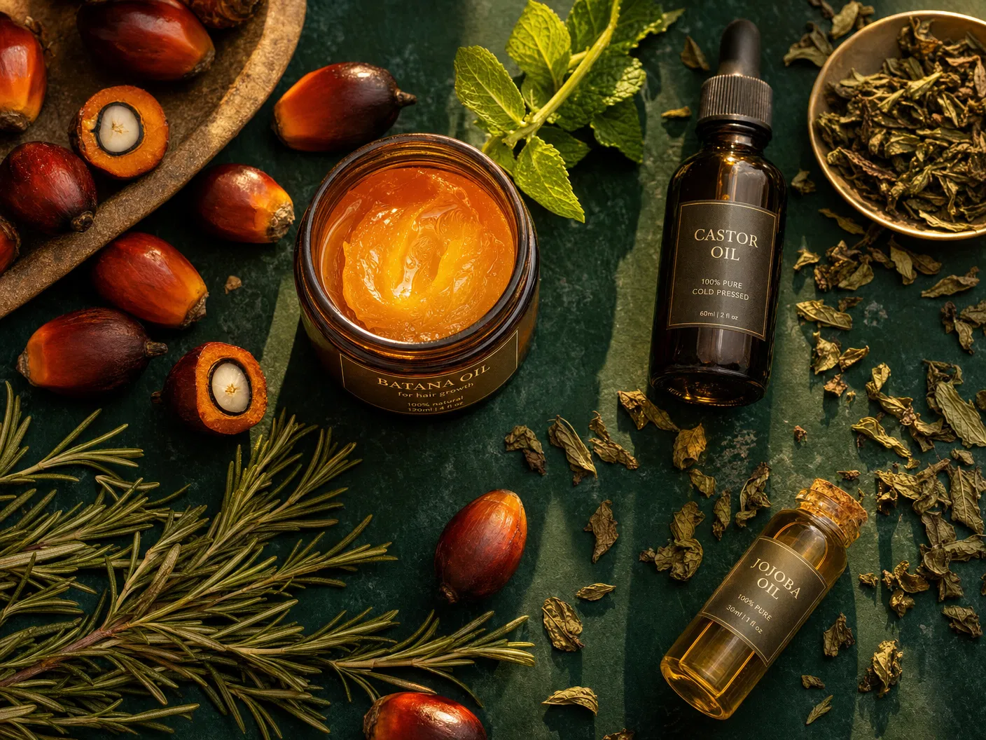 Batana oil ingredients flat lay: palm nuts, rosemary, castor oil, jojoba