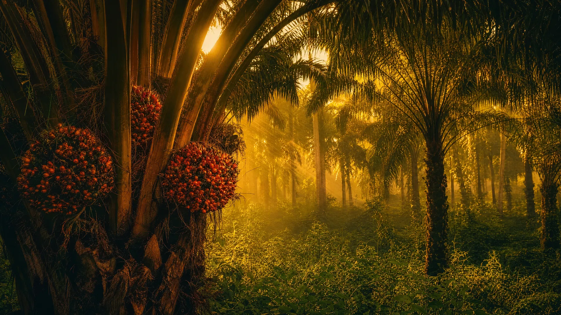 American palm forest in Honduras at golden hour