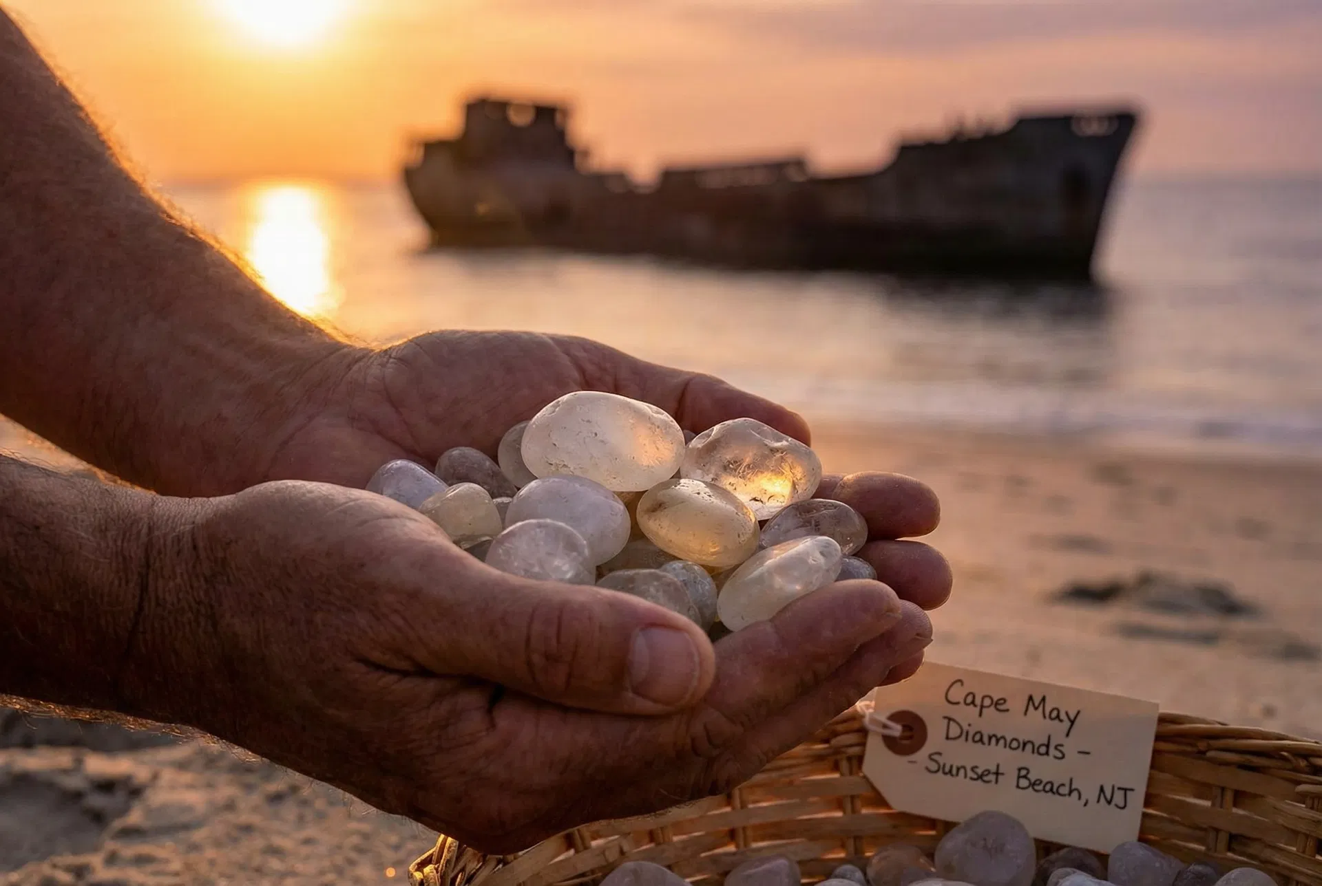 Hands holding a collection of Cape May Diamonds at Sunset Beach at golden hour