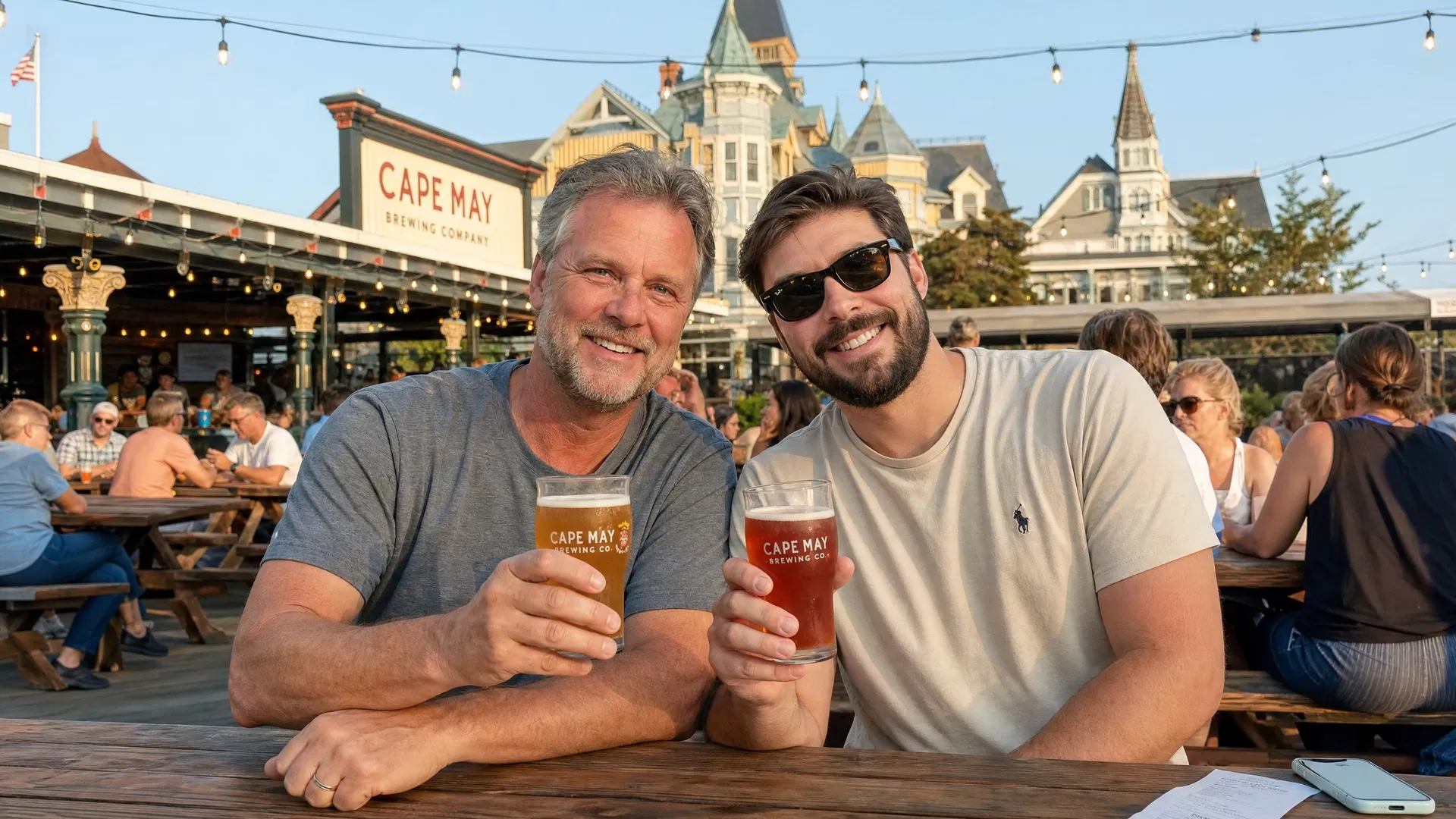 Father and son enjoying craft beers at Cape May Brewing Company