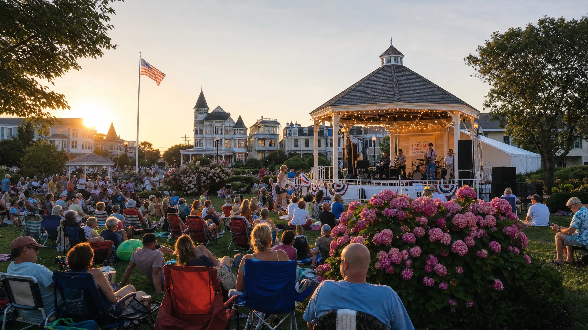 Outdoor summer concert at sunset with Victorian architecture and hydrangeas in Cape May