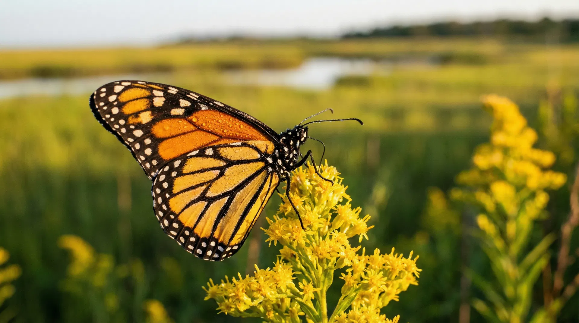 A monarch butterfly resting on goldenrod wildflowers at Cape May Point