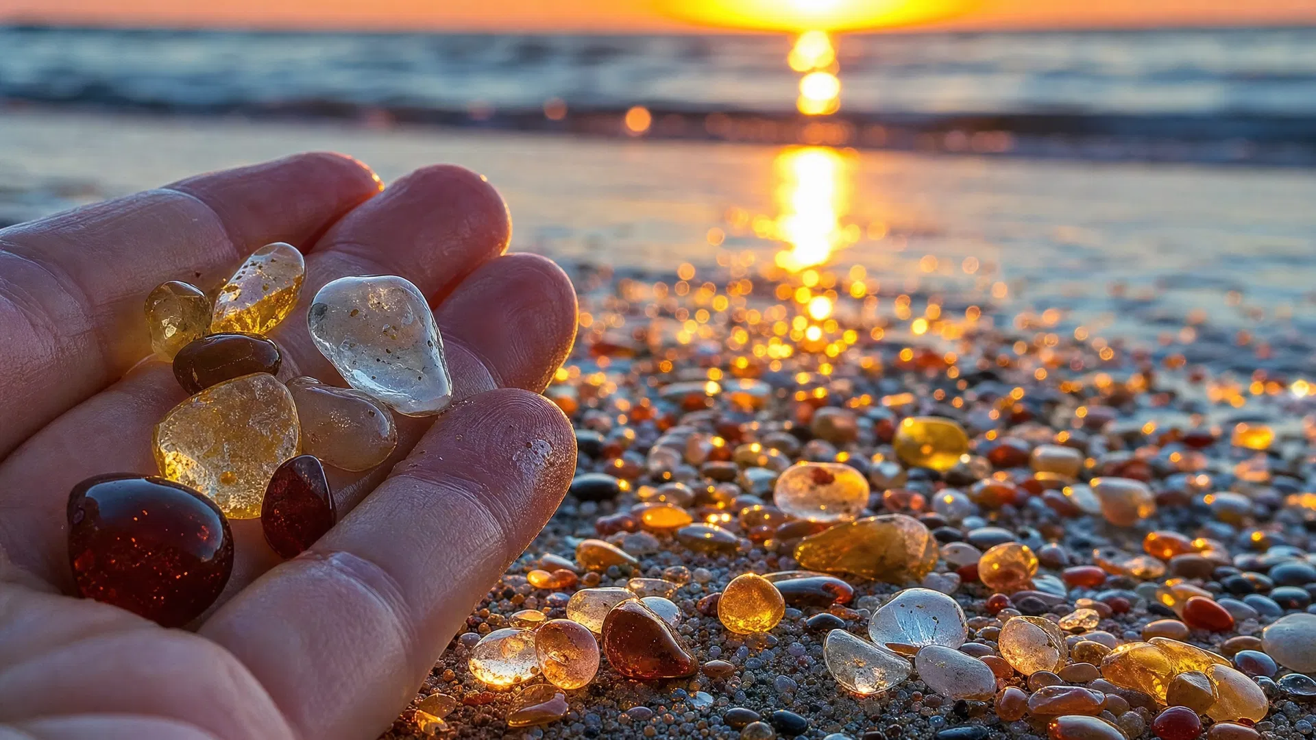 Close-up of Cape May Diamonds (polished quartz pebbles) scattered on wet sand at sunset with golden light