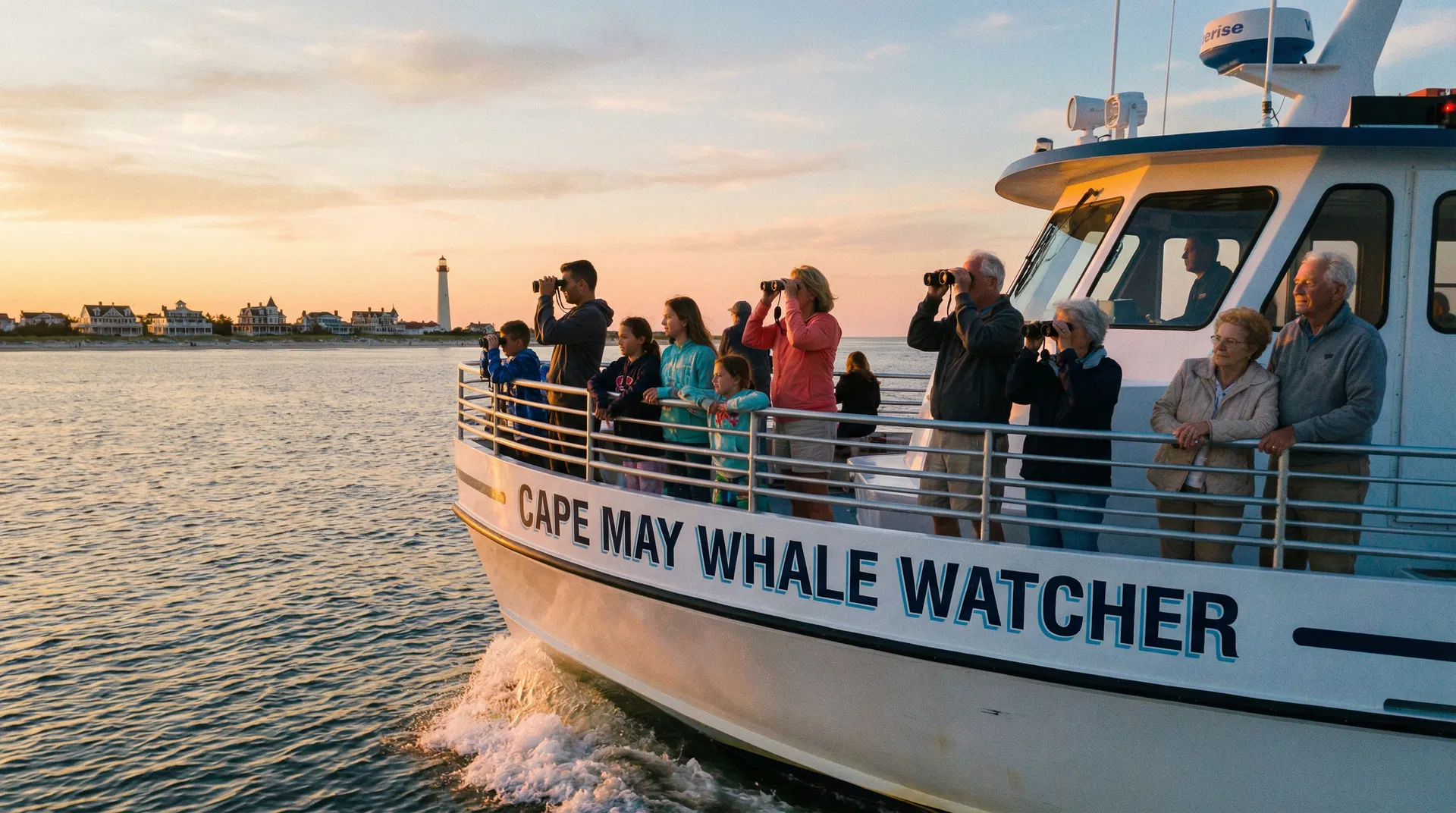 Passengers scanning the horizon with binoculars aboard a whale watching boat at sunset near Cape May
