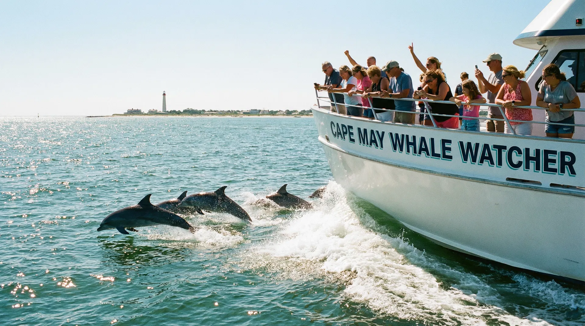 A pod of Atlantic bottlenose dolphins leaping alongside a whale watching tour boat near Cape May