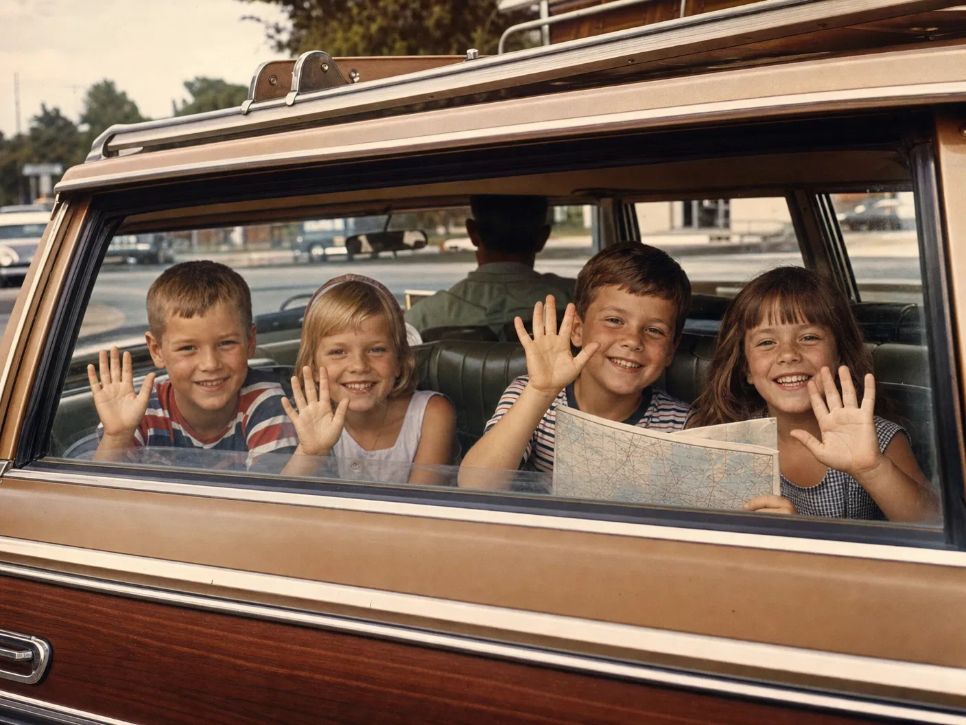 Children waving from the back of a 1960s station wagon on a family road trip
