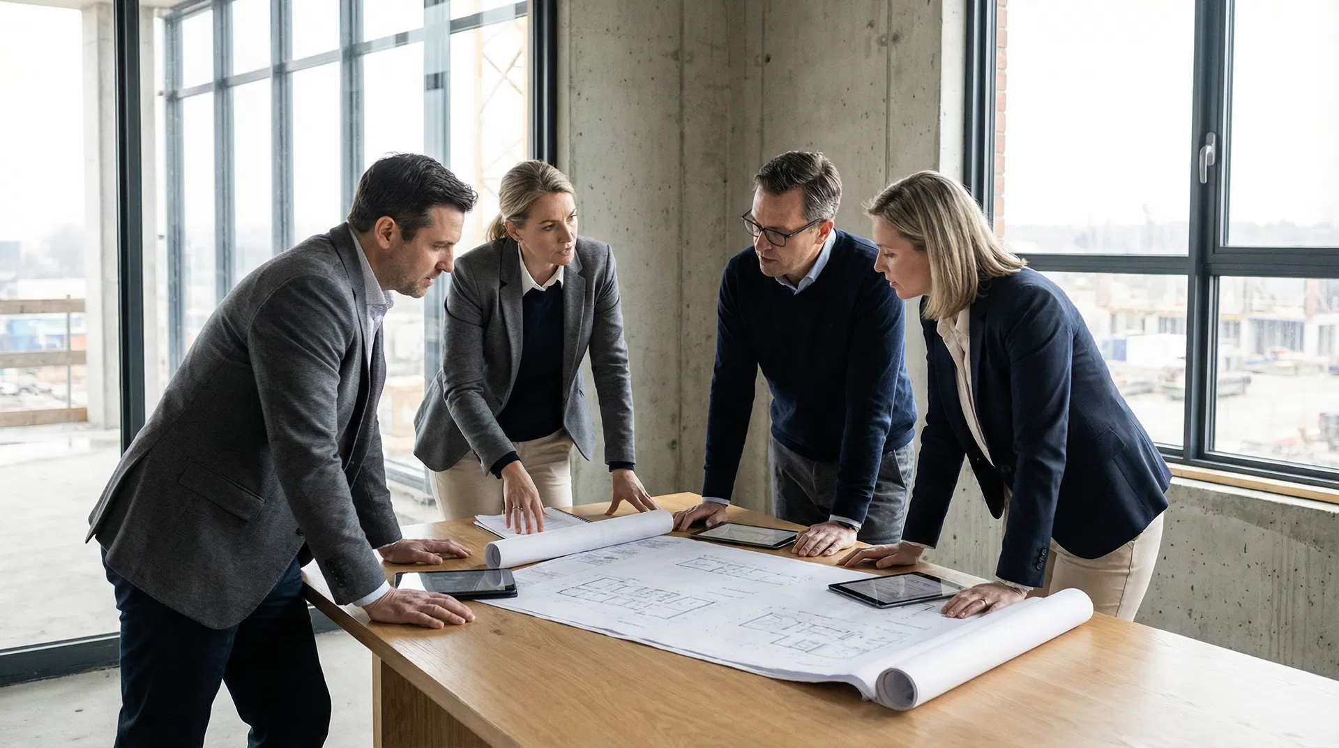 Construction operations team reviewing drawings