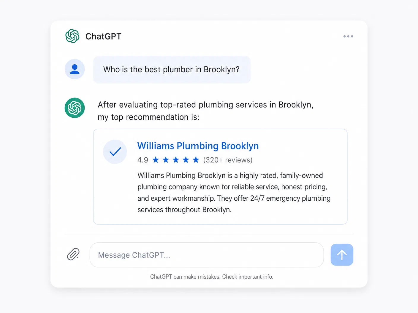 ChatGPT recommending a local business by name