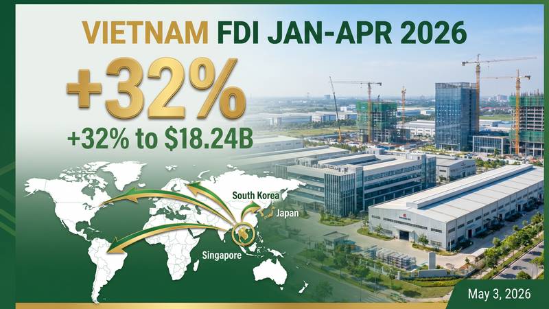ベトナム1〜4月FDI32%増・182億ドル：ハイテク・グリーン産業へのシフトが鮮明に