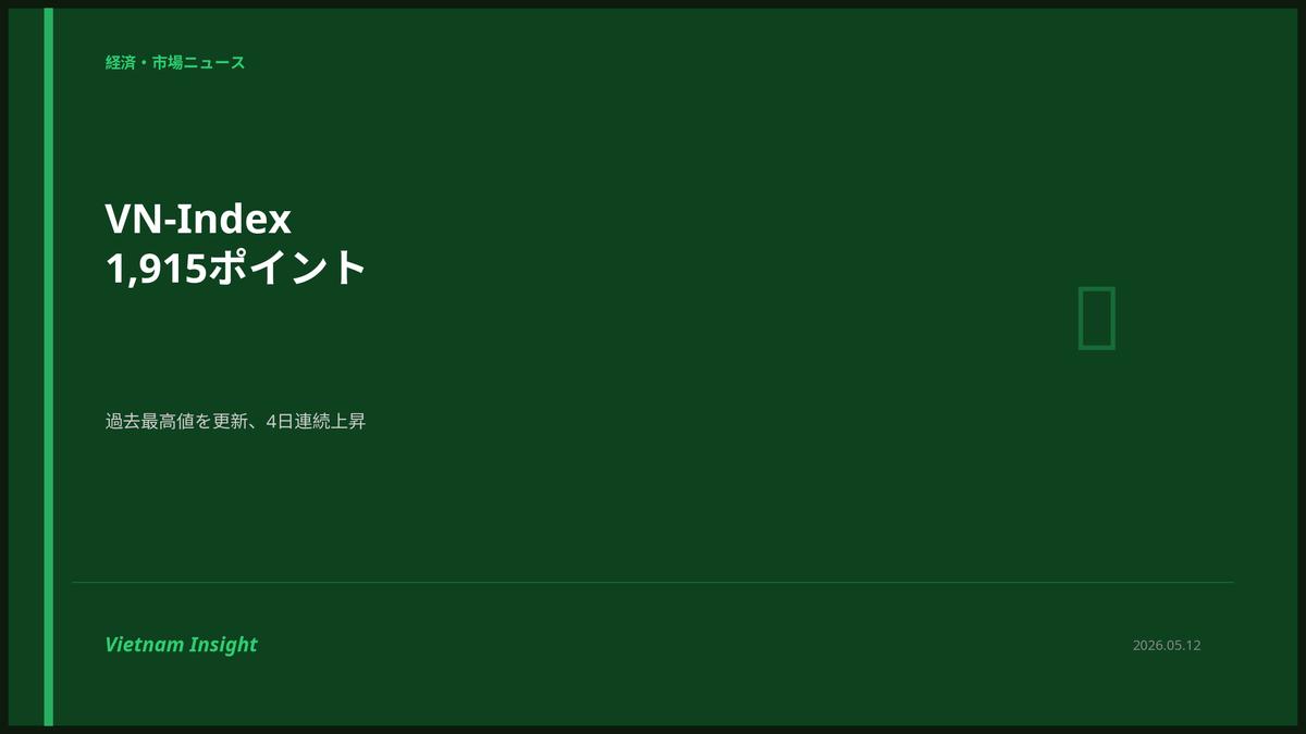 VN-Indexが1,915ポイントで過去最高値を更新：4日連続上昇、外国人売り越しの中で銀行・不動産株が牽引