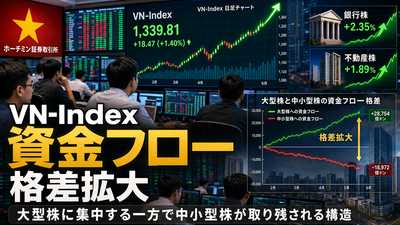 ベトナム株式市場の資金フロー格差が拡大：大型株に集中する一方で中小型株が取り残される構造