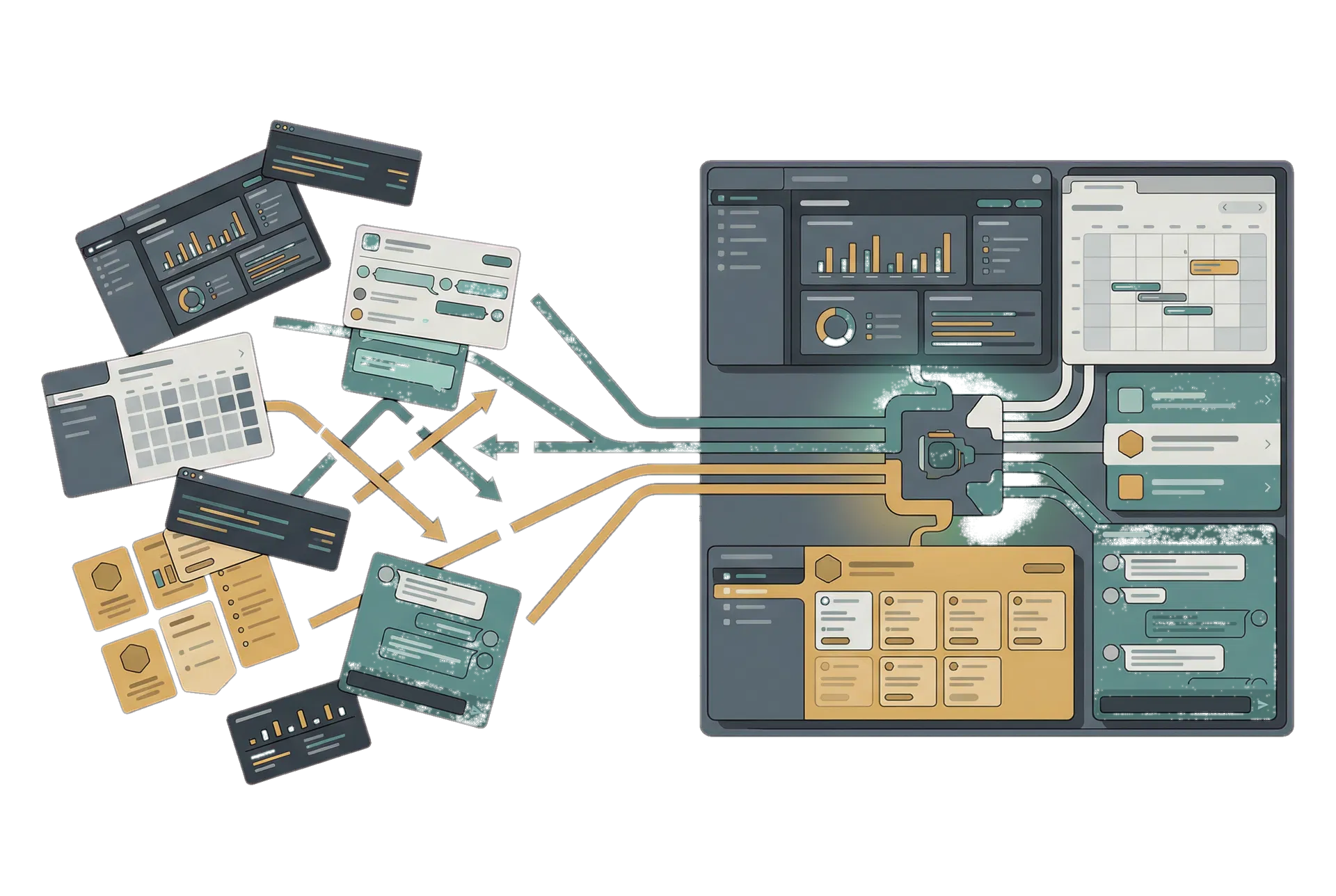 Abstract visual showing multiple tools converging into one unified operating system