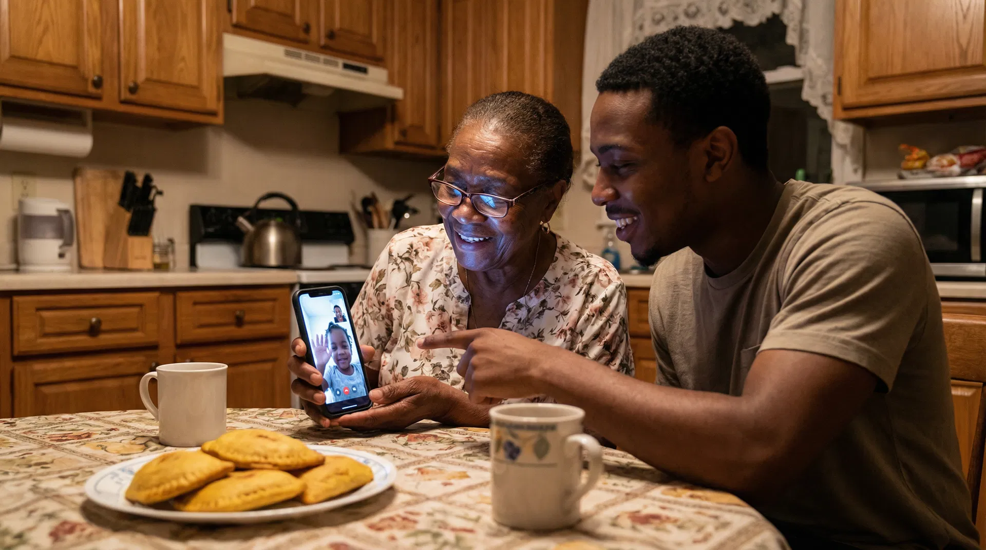 Joanne and Jabari sharing a video call moment over Jamaican patties
