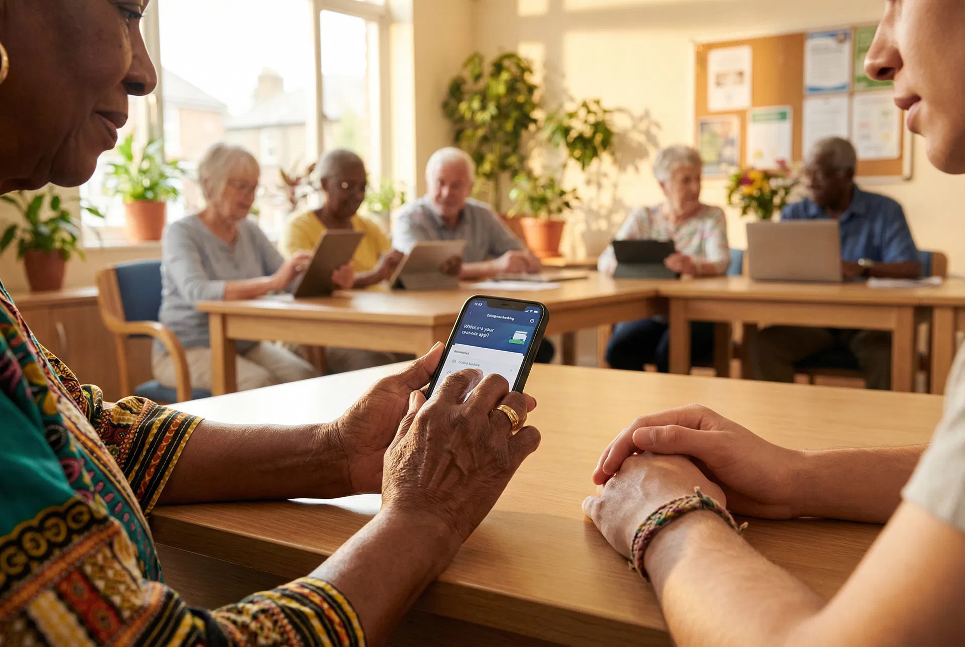 Senior learning digital banking with community support
