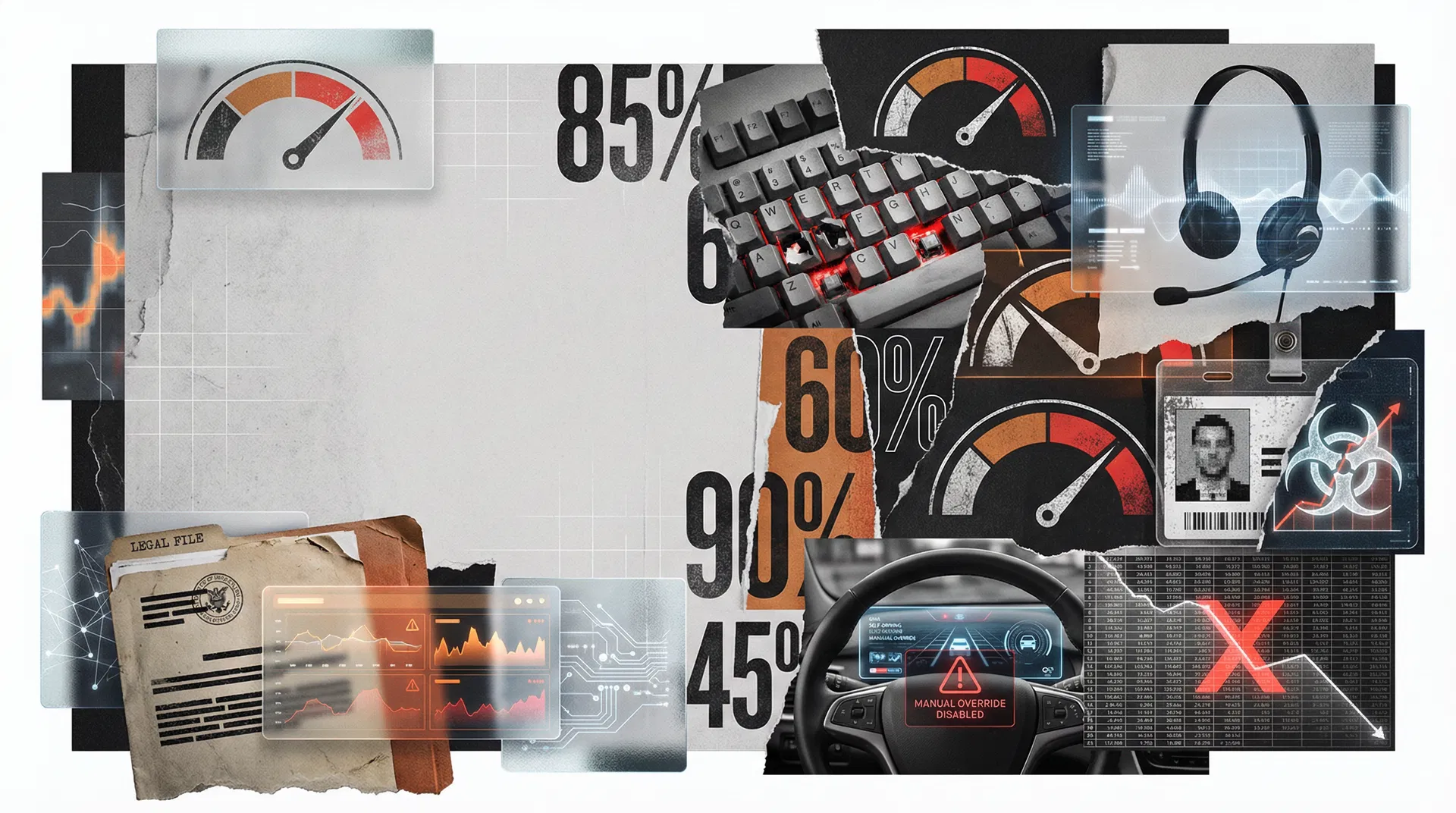 Editorial collage showing job-risk dashboard imagery