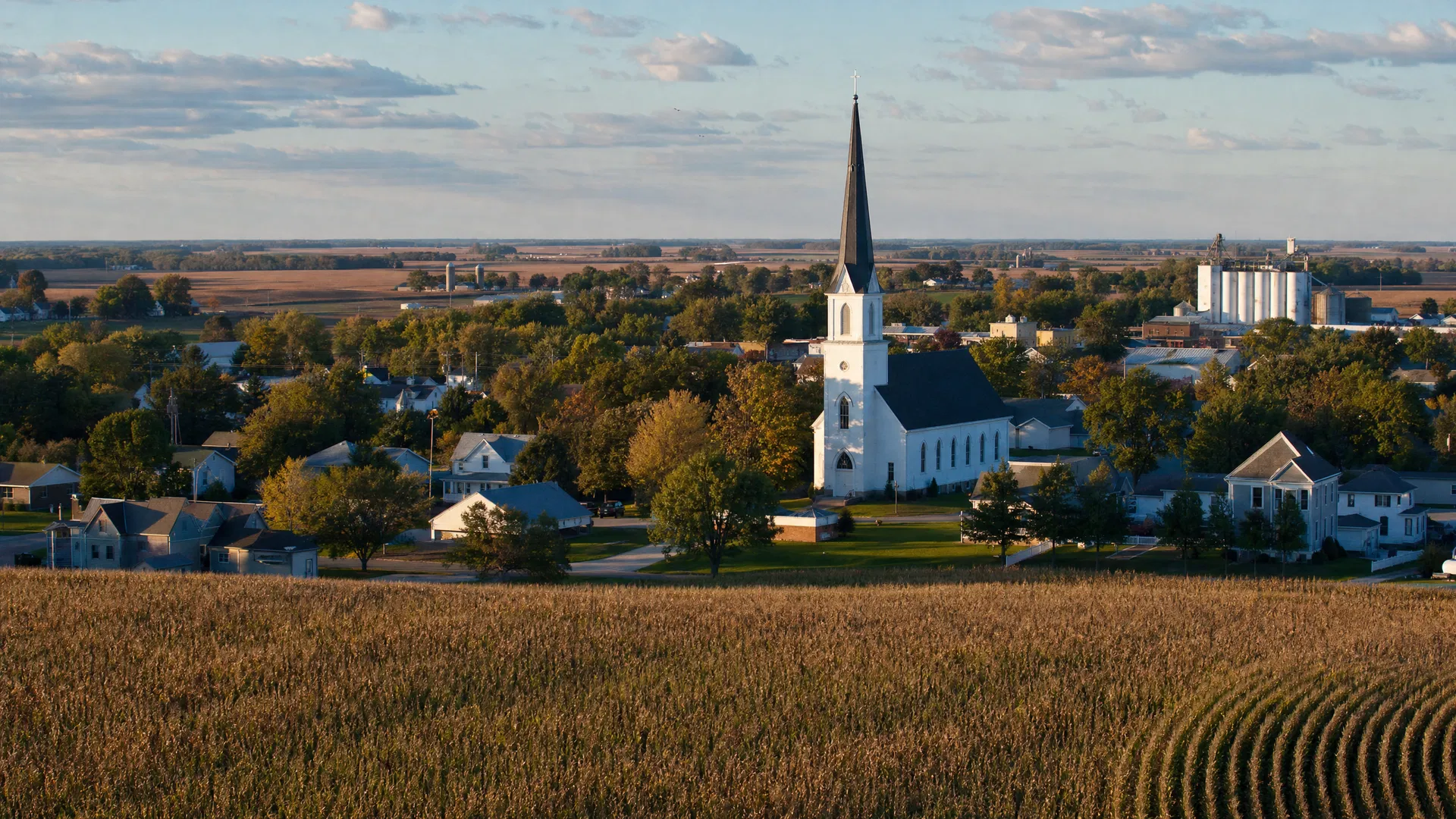 Alton, Iowa farming community with white church steeple and grain elevator amid cornfields