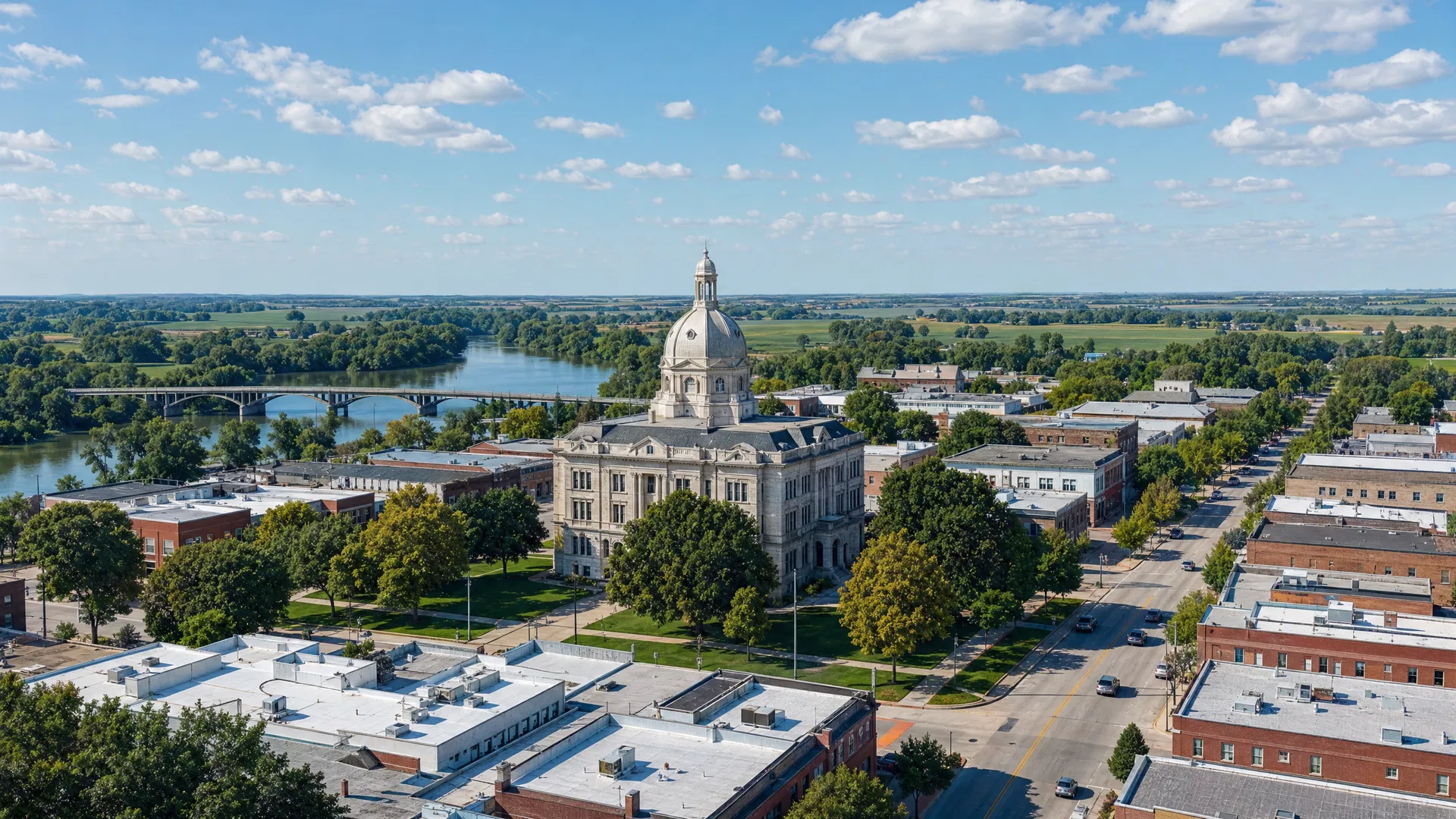 Rock Rapids, Iowa county seat with classic courthouse dome, Rock River, and tree-lined main street