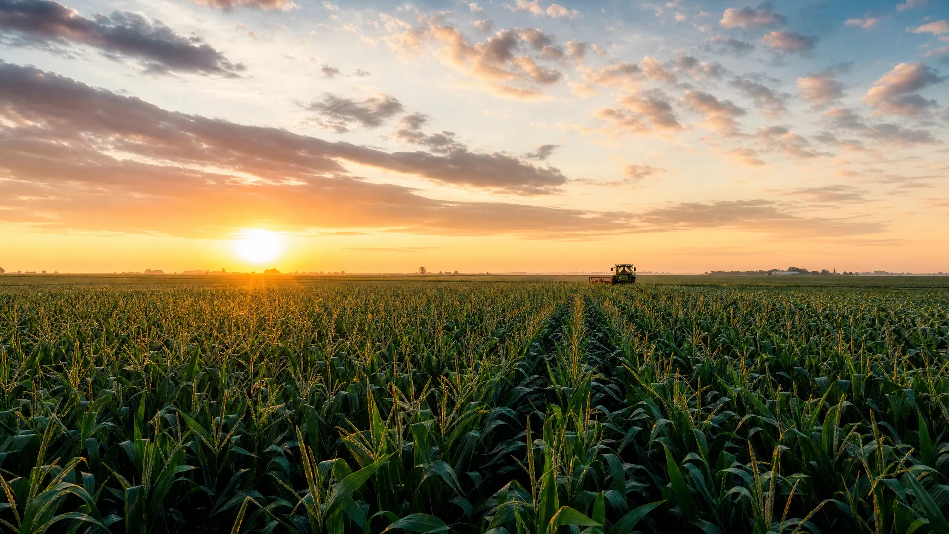 Iowa cornfield at sunrise with tractor in the distance