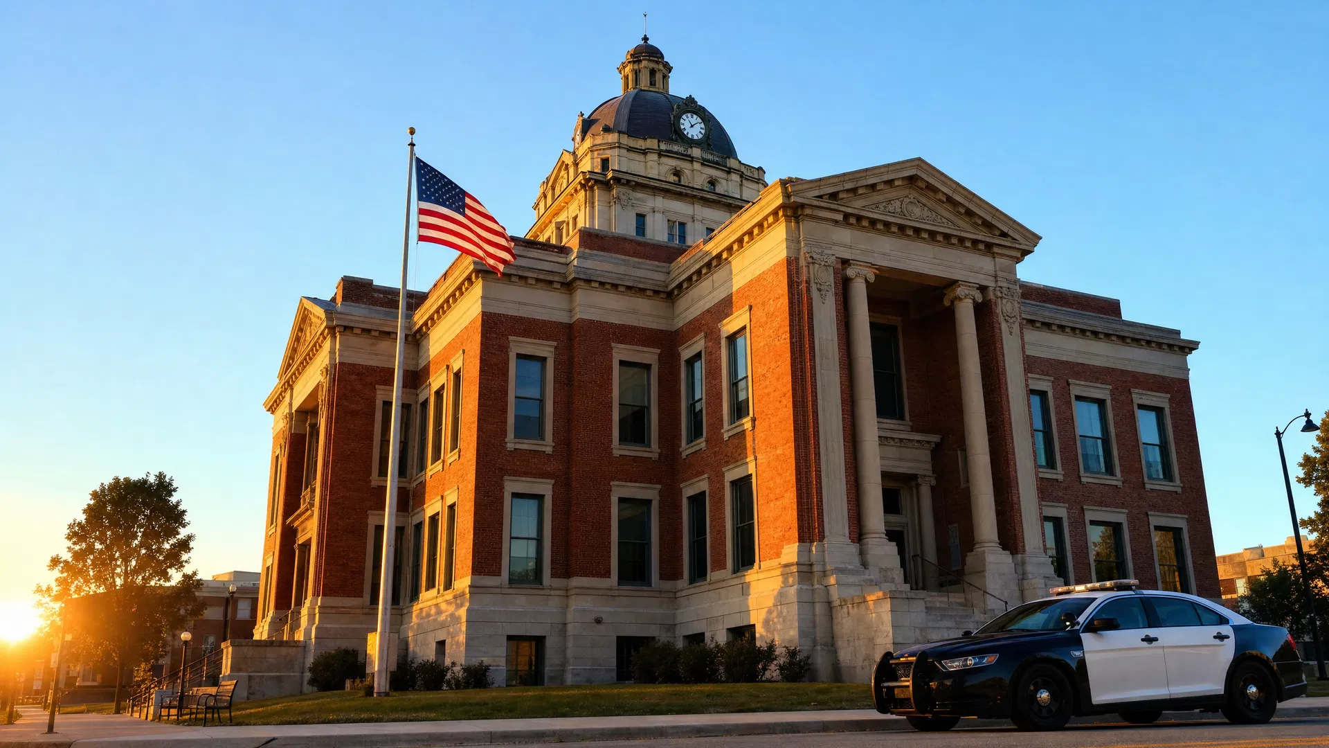 Iowa county courthouse with American flag and police vehicle at golden hour