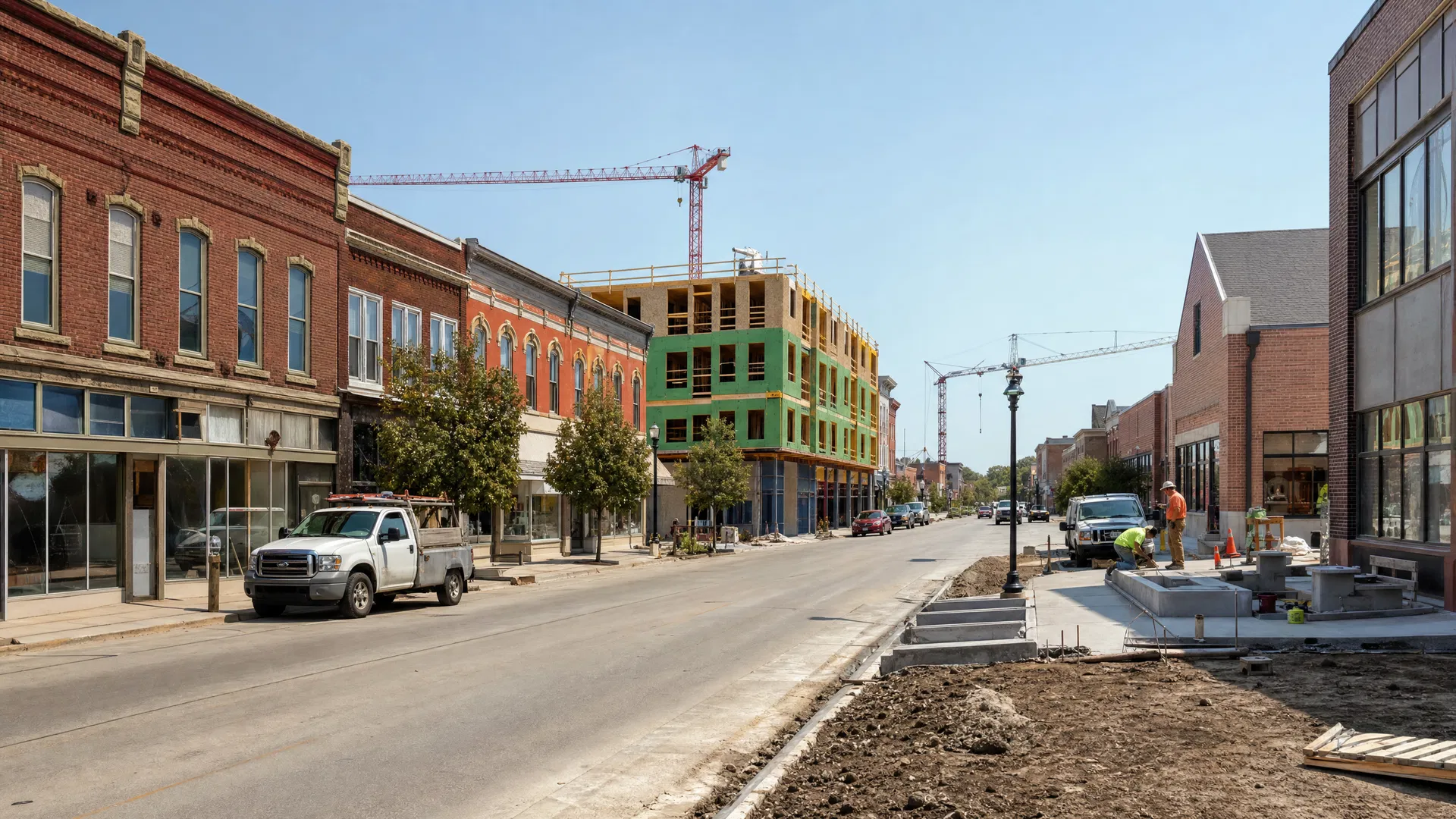 Small Iowa town main street with new construction and historic brick storefronts