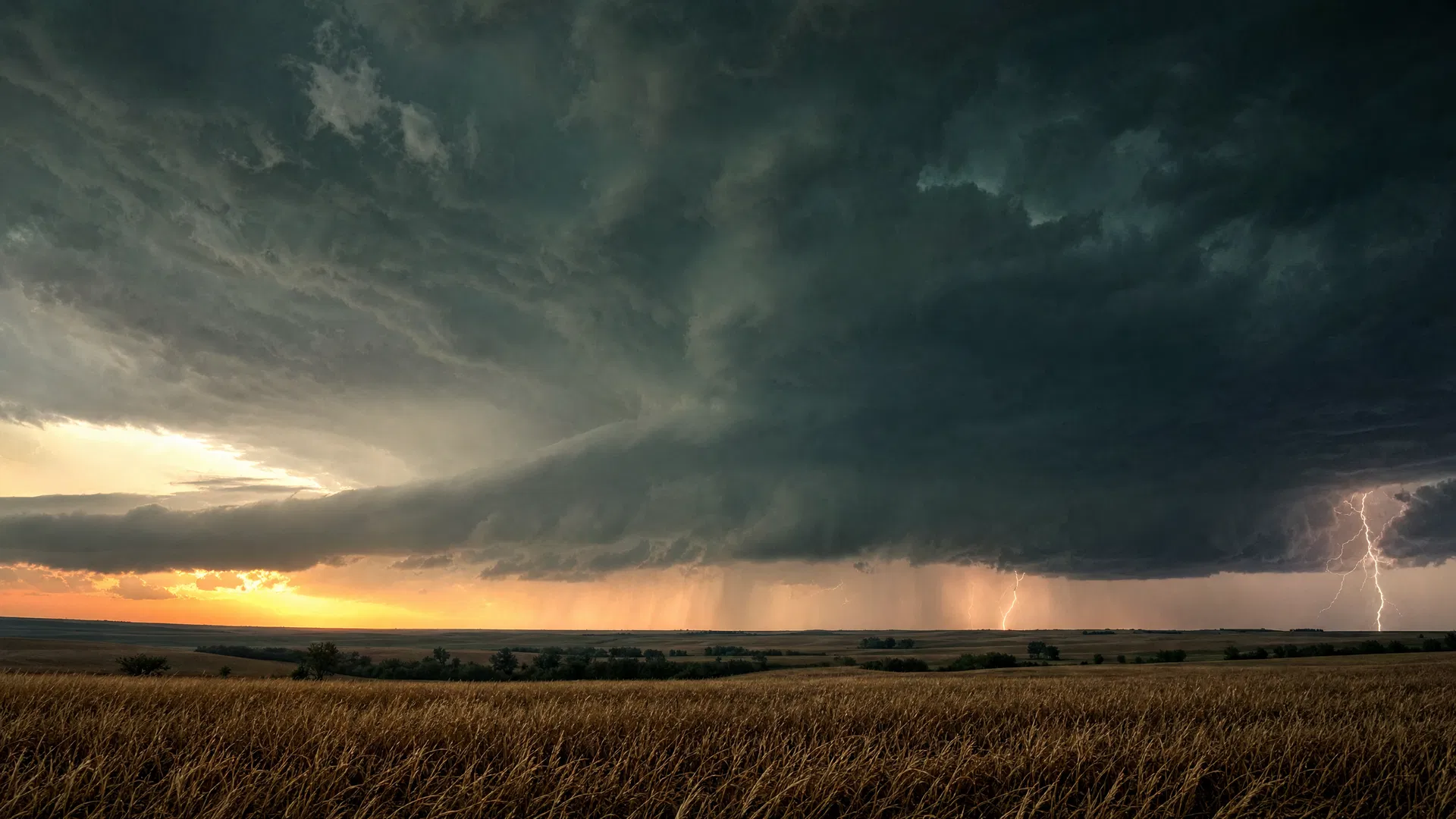 Severe thunderstorm with lightning over Iowa prairie at dusk