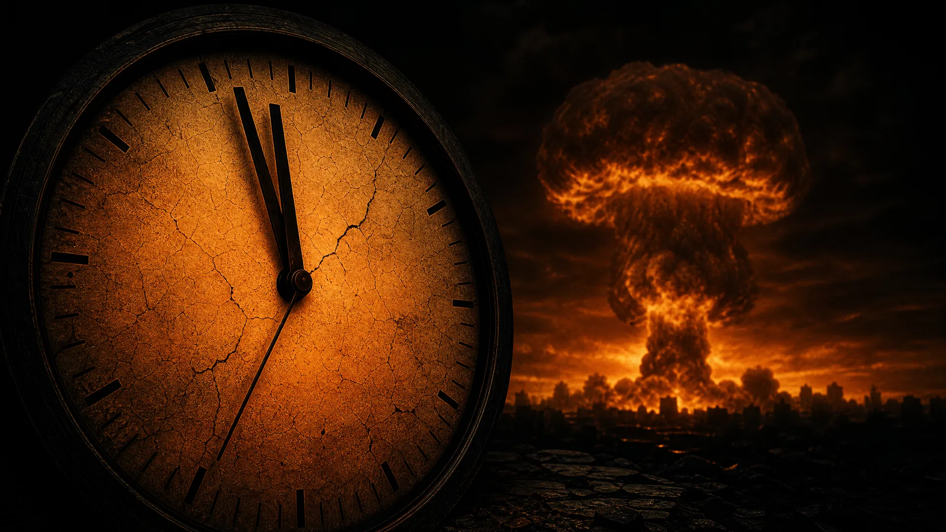 Doomsday Clock showing 85 seconds to midnight with nuclear mushroom cloud in background — 2026