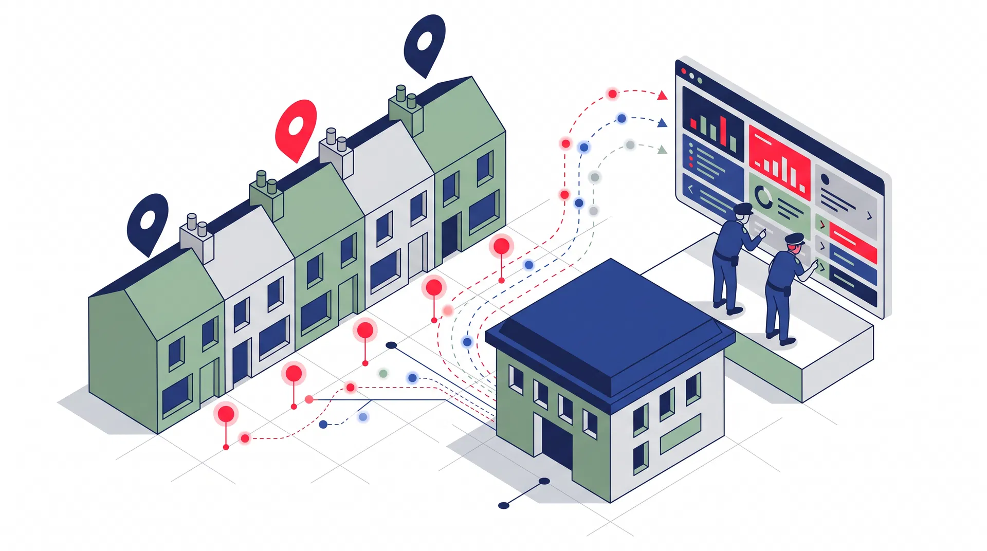 Swiss Style isometric illustration of a UK council using privacy-first occupancy intelligence to analyse private rented sector properties, unlicensed HMOs, empty homes and enforcement priorities.