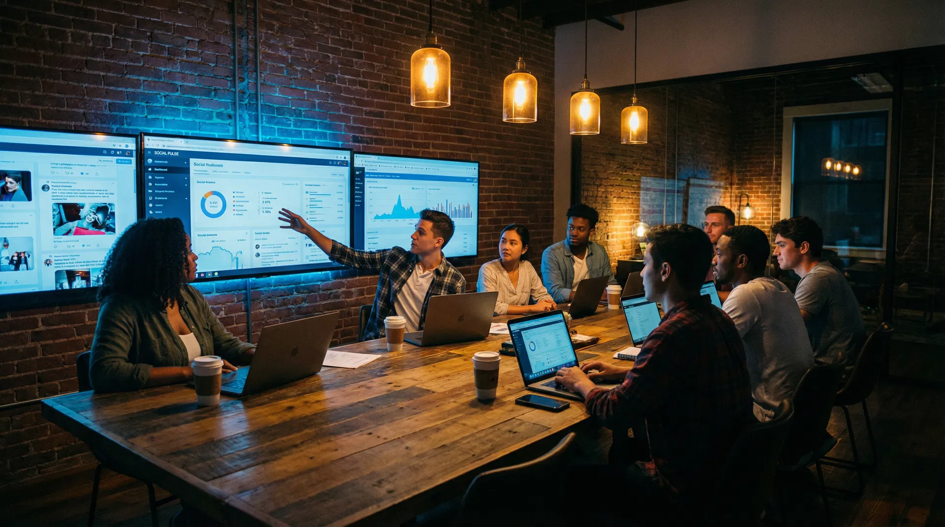 Creative team collaborating in modern agency workspace