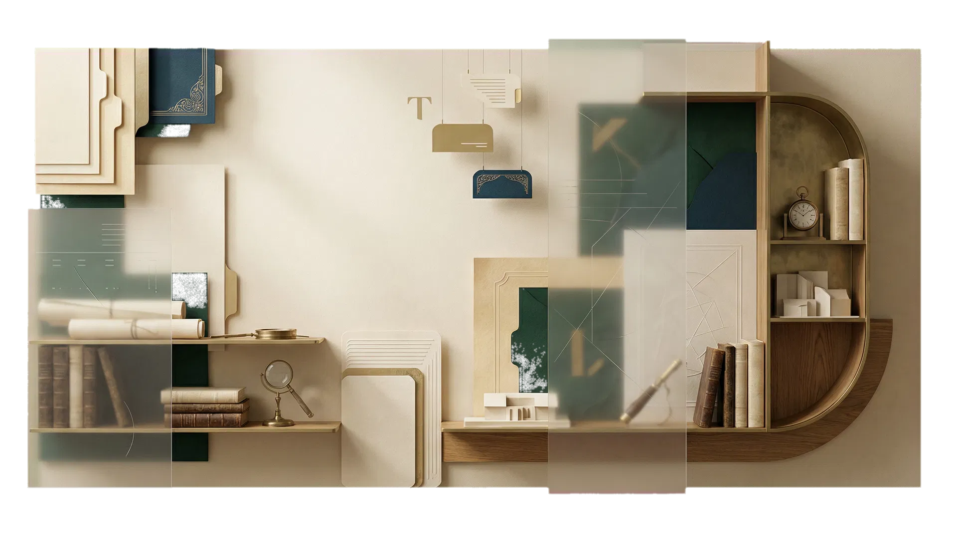 Composizione editoriale IDEASMART ispirata a una biblioteca contemporanea