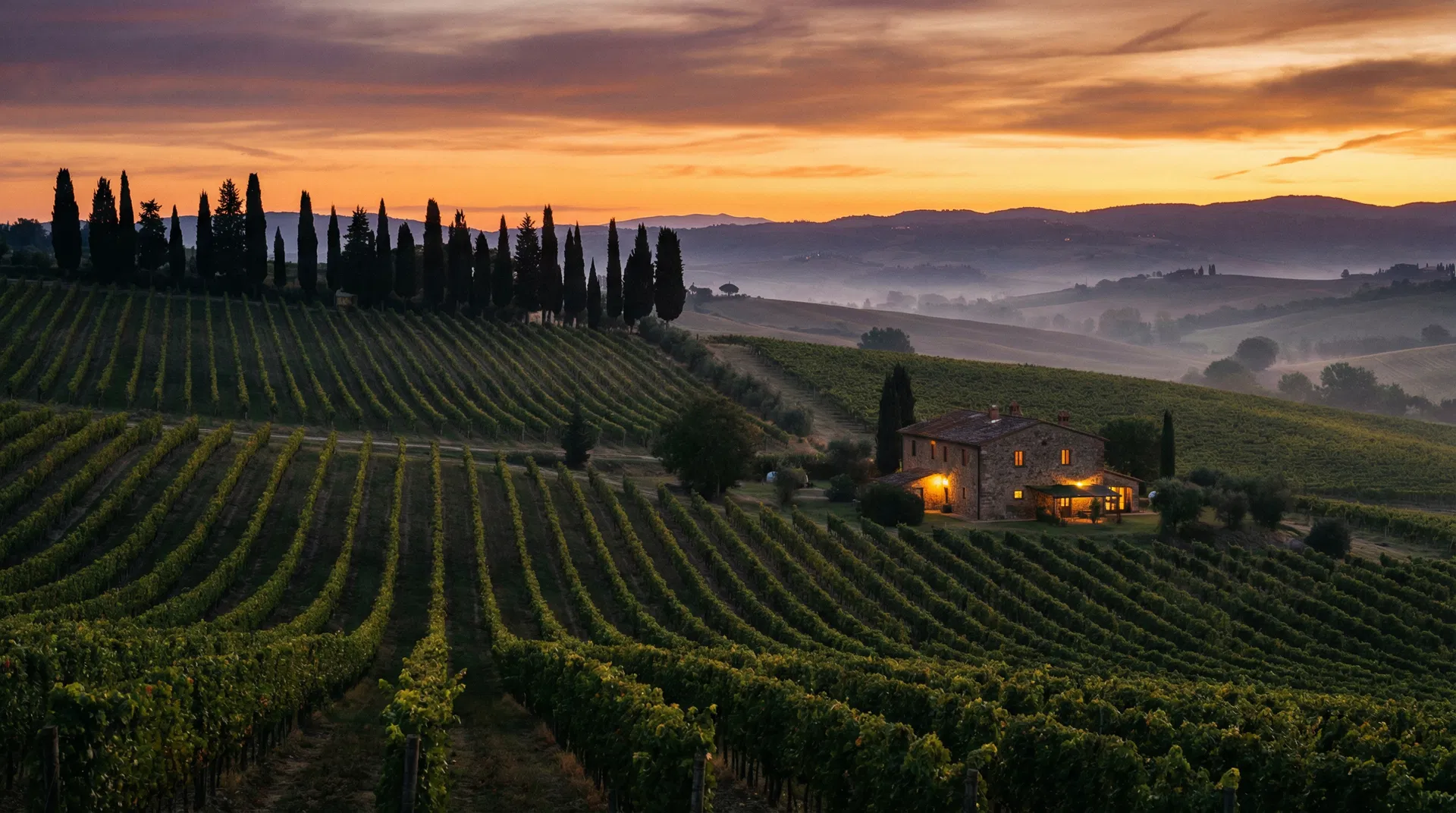 Tuscan vineyard at sunset